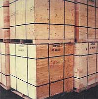 Pre-fabricated boxes containing bagged products assembled awaiting container loading